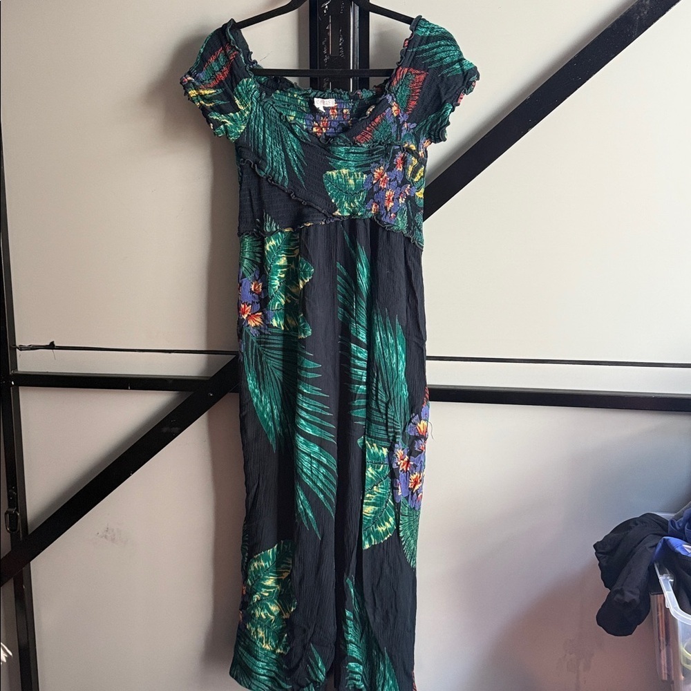 Anthropologie Patrons of Peace shades of green tropical smocked jumpsuit - Med